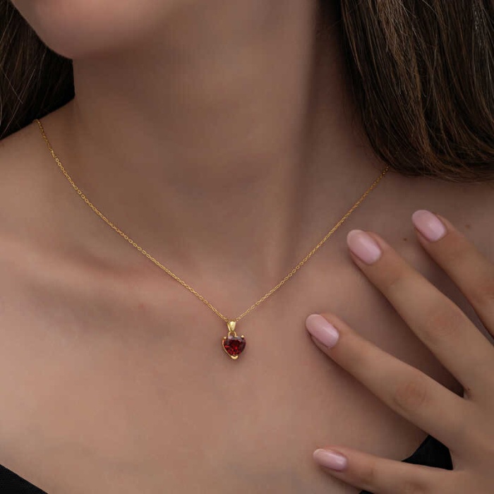 Lucky Life 925 Ayar Gumuss Gold Kırmızı Taşlı Kalpli Lucky Life Lucky Life Lucky Life Kadın Kolye