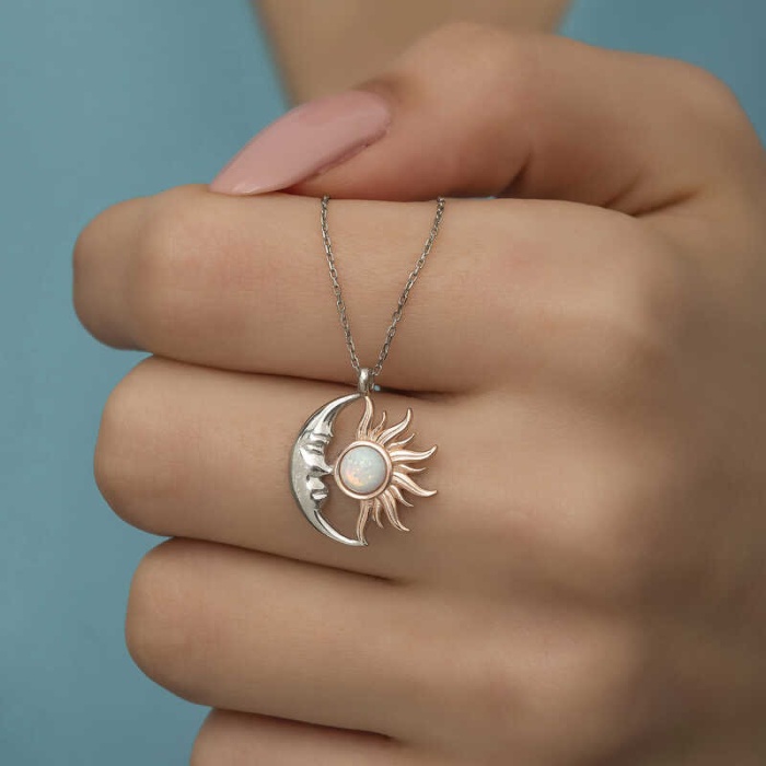 Lucky Life 925 Ayar Gumuss Opal Beyaz Taşlı Ay Güneş Lucky Life Lucky Life Lucky Life Kadın Kolye