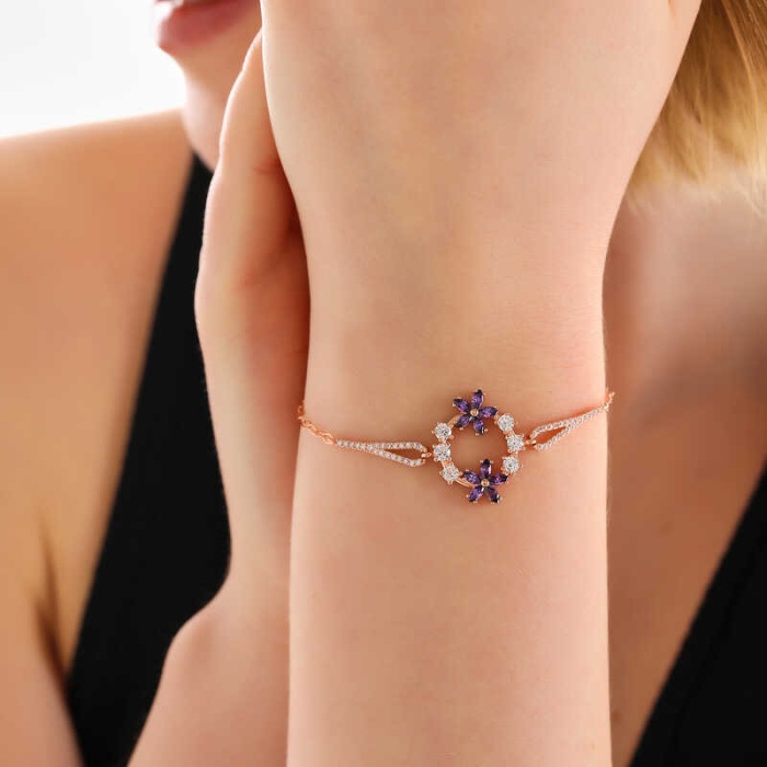 Lucky Life 925 Ayar Gumuss Rose Mor Çiçek Lucky Life Lucky Life Kadın Bileklik
