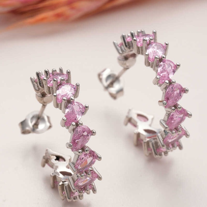 Lucky Life 925 Ayar Gumuss Toz Pembe Taşlı Damla Çivili Lucky Life Lucky Life Kadın Küpe