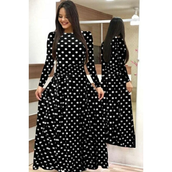 Lucky Life Krep Kumaş Uzun Kollu Tam Boy Puantiyeli Elbise 132 Cm