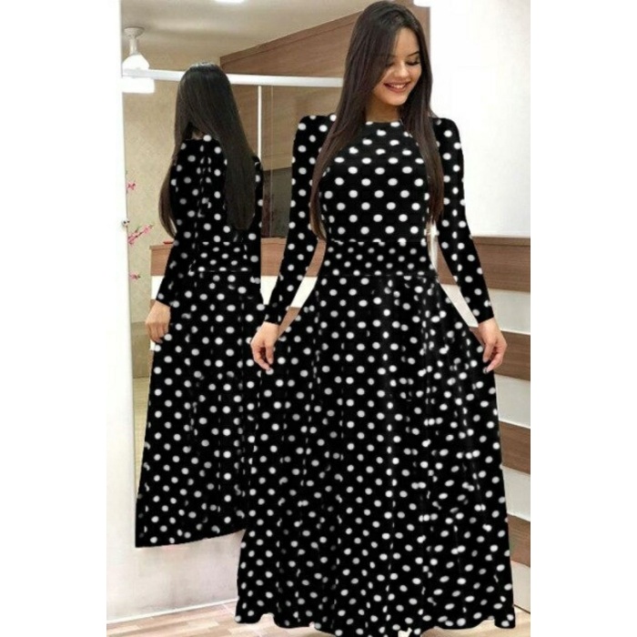 Lucky Life Krep Kumaş Uzun Kollu Tam Boy Puantiyeli Elbise 132 Cm