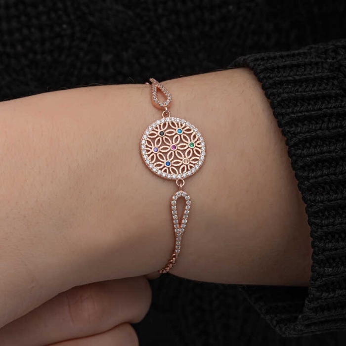 ​Lucky Life 925 Ayar Gumuss Rose Renkli Yaşam Çiçeği Lucky Life Lucky Life Kadın Bileklik