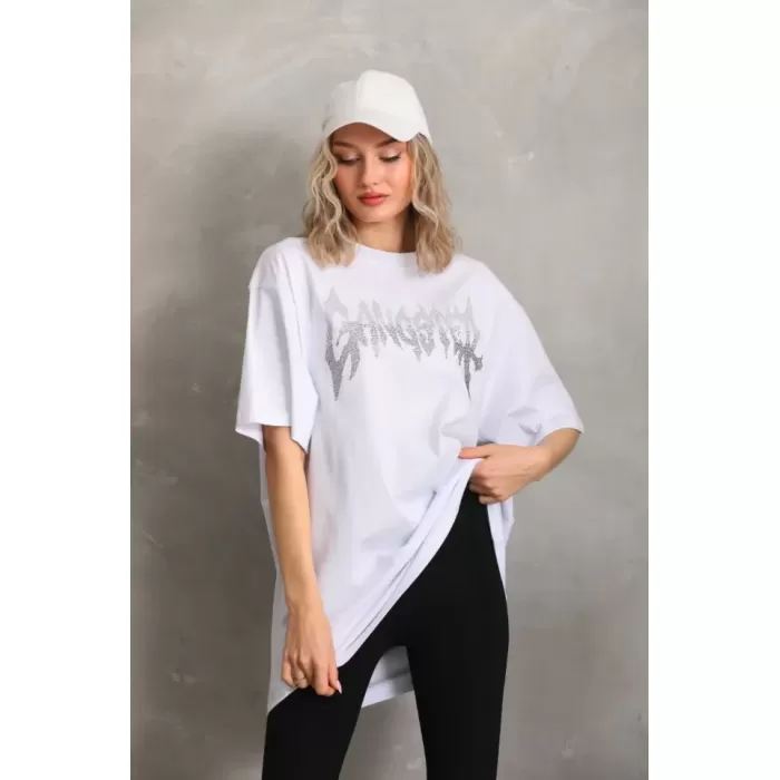 Lucky Life Unisex Taş Desenli Oversize T-Shirt - Beyaz