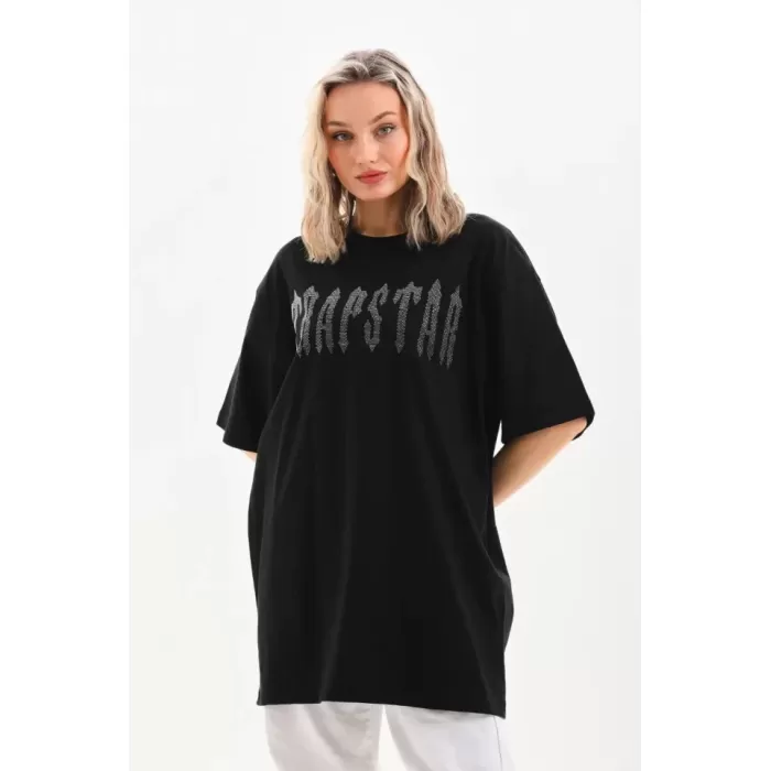 Lucky Life Unisex Taş Desenli Oversize T-Shirt - Siyah