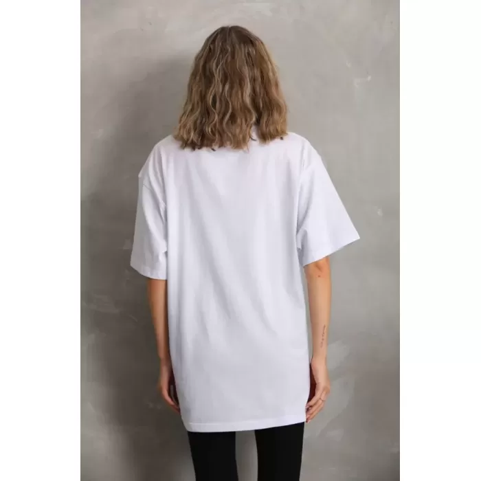 Lucky Life Unisex Taş Desenli Oversize T-Shirt - Beyaz