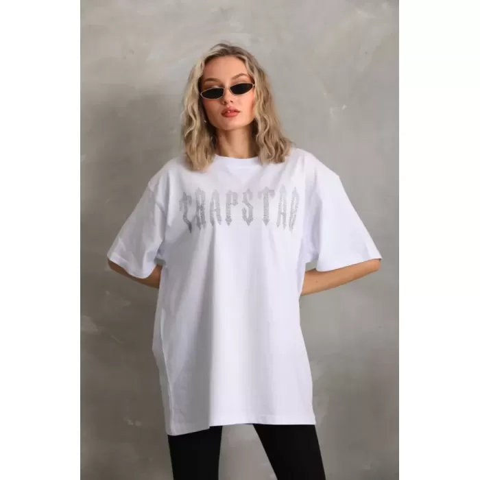 Lucky Life Unisex Taş Desenli Oversize T-Shirt - Beyaz