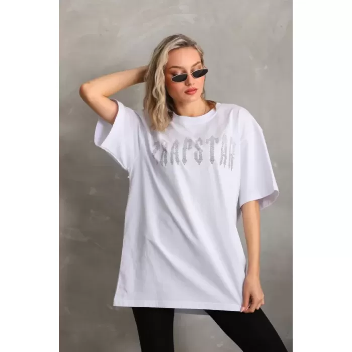Lucky Life Unisex Taş Desenli Oversize T-Shirt - Beyaz