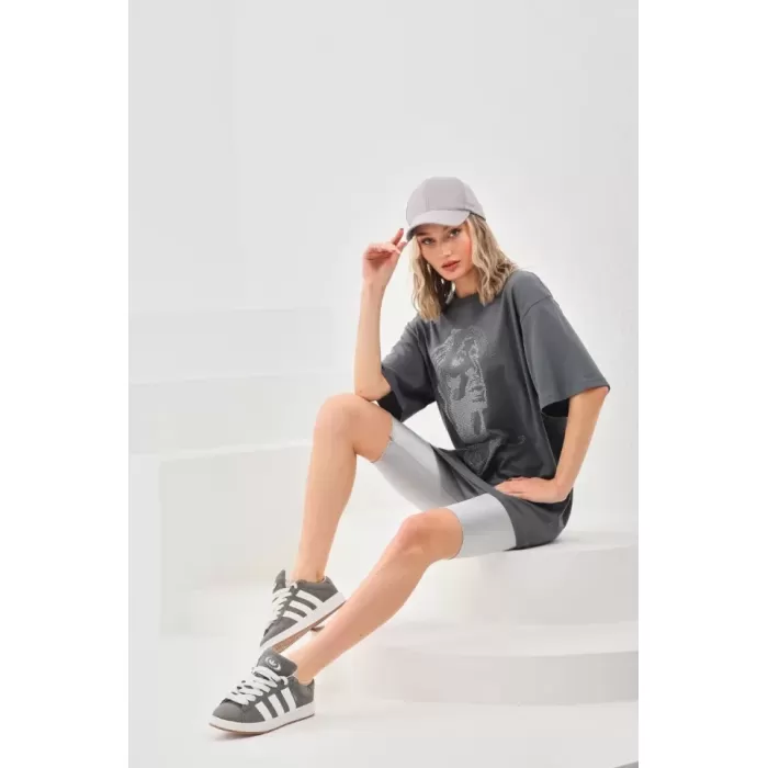 Lucky Life Unisex Taş Desenli Oversize T-Shirt - Füme