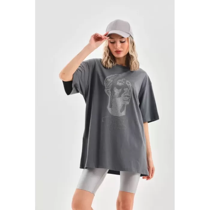 Lucky Life Unisex Taş Desenli Oversize T-Shirt - Füme