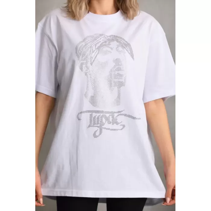 Lucky Life Unisex Taş Desenli Oversize T-Shirt - Beyaz