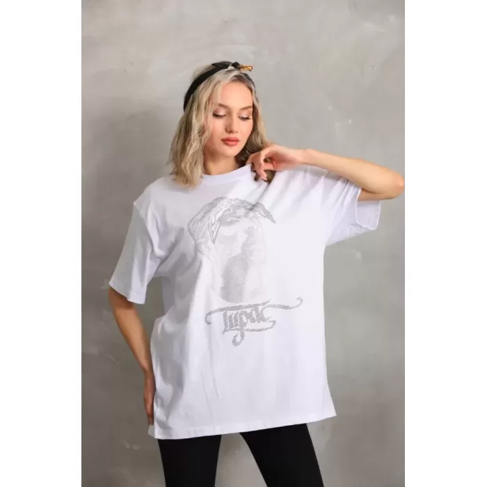 Lucky Life Unisex Taş Desenli Oversize T-Shirt - Beyaz