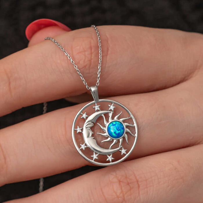 Lucky Life 925 Ayar Gumuss Opal Mavi Taşlı Ay Güneş Lucky Life Lucky Life Kadın Kolye