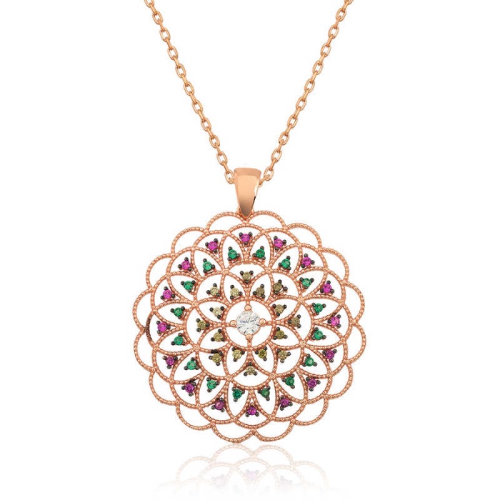 Lucky Life 925 Ayar Gumuss Rose Geometrik Desenli Madalyon Kolye