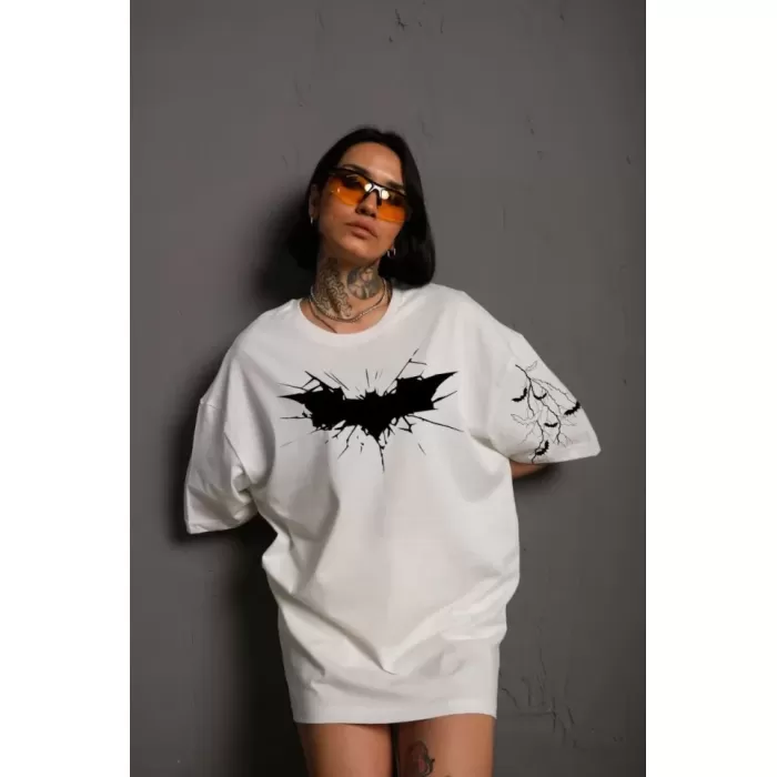 Lucky Life Unisex  Ön Ve Kol Baskılı Oversize T-shirt - Beyaz