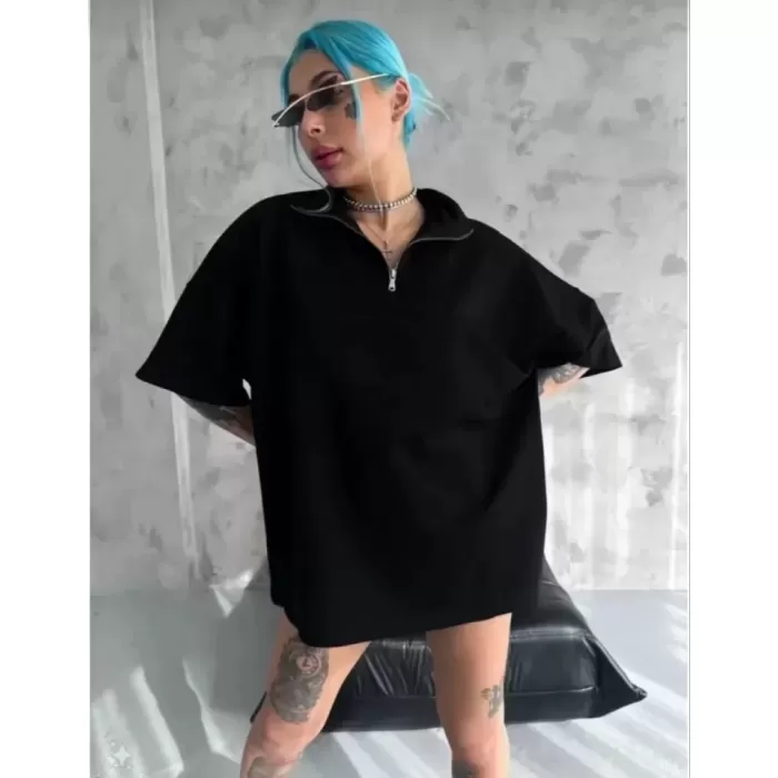Lucky Life Unisex  Yarım Fermuarlı Düz Oversize T-Shirt - Siyah