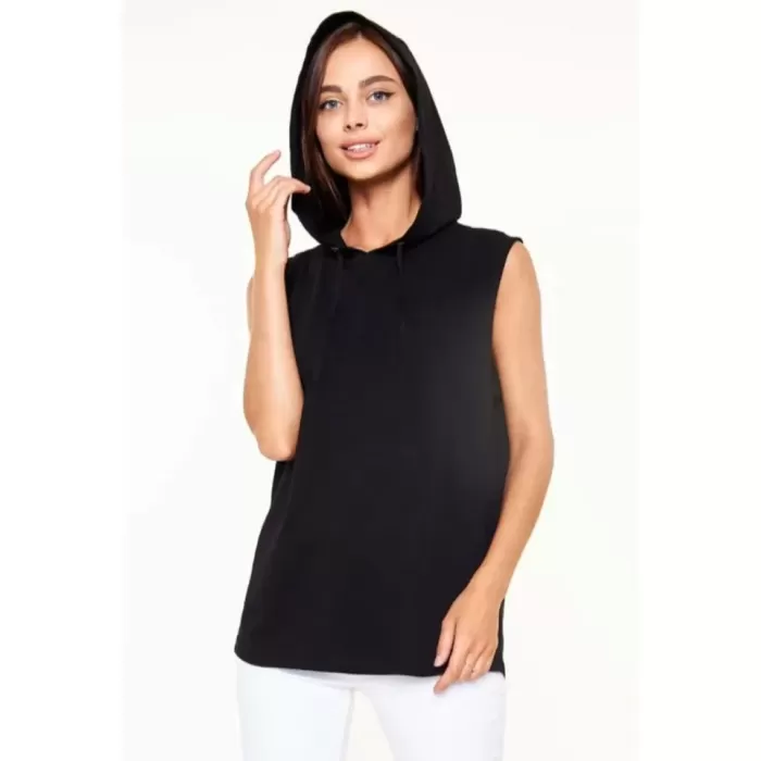 Lucky Life Unisex Kapşonlu Kolsuz Düz Oversize T-shirt - Siyah