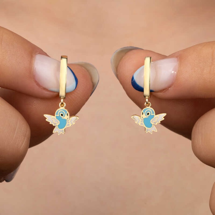 Lucky Life 925 Ayar Gumuss Gümüş Gold Mavi Renkli Sallantılı Kuş Kadın Küpe