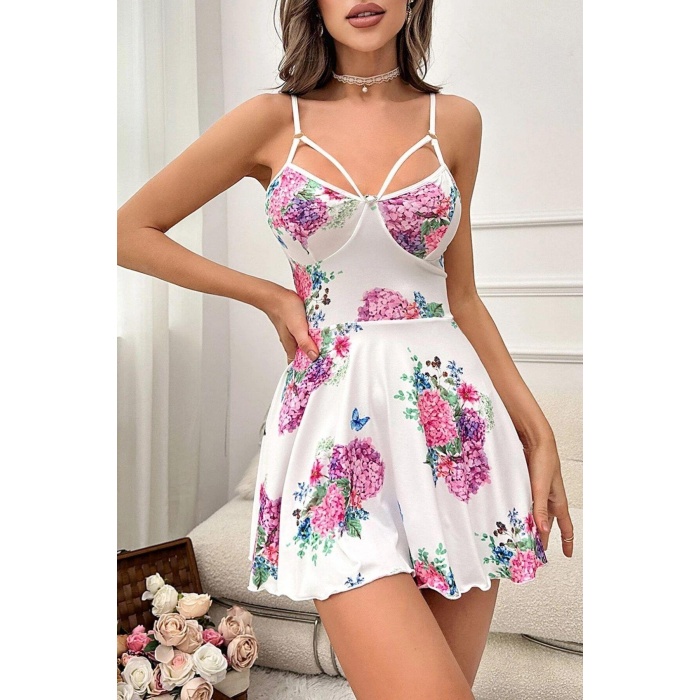 Lucky Life Beyaz Pırıltı Çiçekli Askılı Mini Gecelik