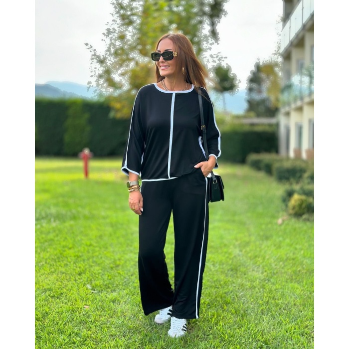 Lucky Life KadınBisiklet Yaka Fakir Kol Biye Detay Bluz Ve Yüksek Bel Lastikli Pantolon Ikili Takım