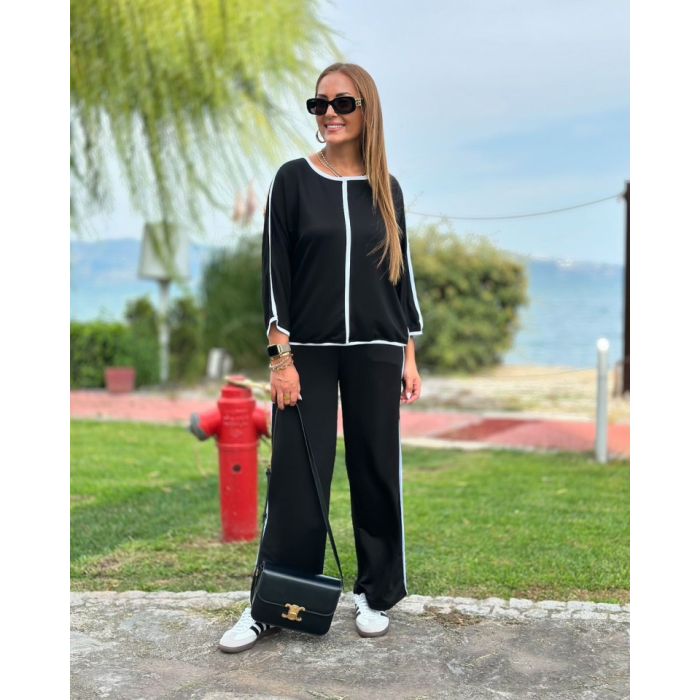 Lucky Life KadınBisiklet Yaka Fakir Kol Biye Detay Bluz Ve Yüksek Bel Lastikli Pantolon Ikili Takım