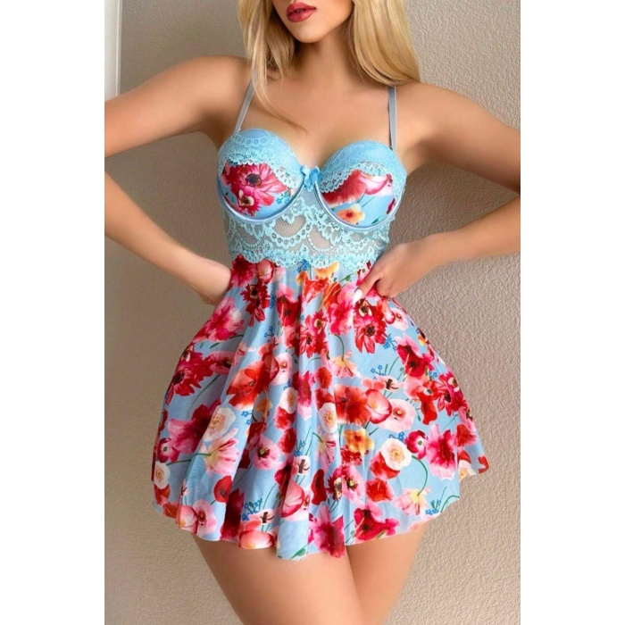 Lucky Life Kadın  Mavi  Çiçekli Askılı Mini Gecelik