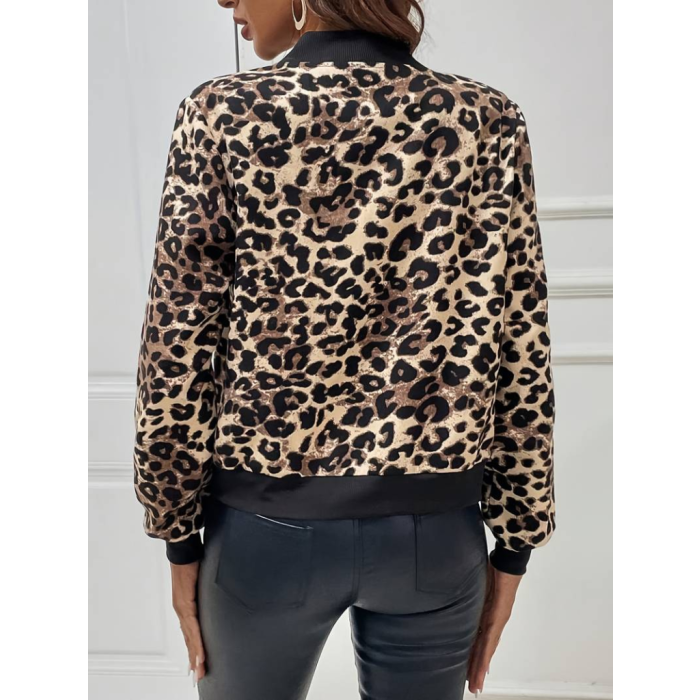 Lucky Life Kadın Uzun Kollu önden Fermuarlı Leopar Baskılı şardonlu Dalgıç Ceket