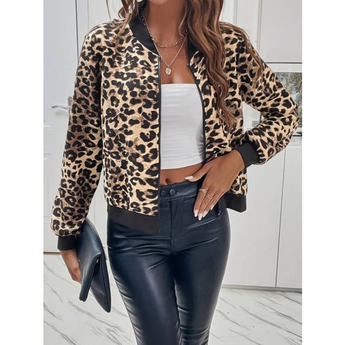 Lucky Life Kadın Uzun Kollu önden Fermuarlı Leopar Baskılı şardonlu Dalgıç Ceket