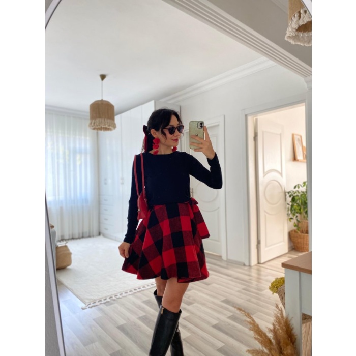 Lucky Life Kadın Uzun Kollu Bisiklet Yaka üst Viskon Alt Ekose Kısa Elbise