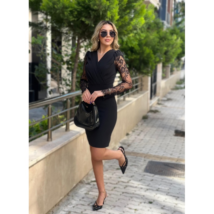 Lucky Life Kadın Uzun Kollu Kruvaze Yaka Kollar Tül Detay Krep Mini Boy Elbise