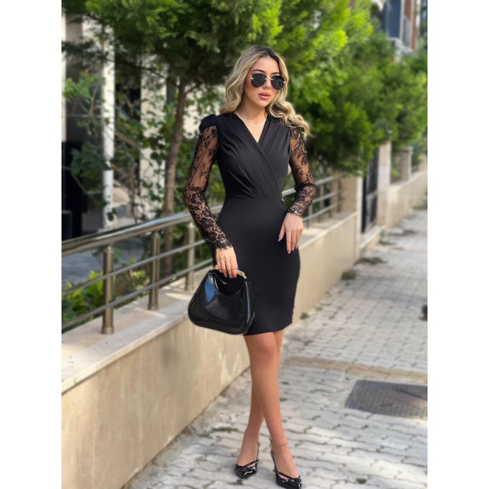 Lucky Life Kadın Uzun Kollu Kruvaze Yaka Kollar Tül Detay Krep Mini Boy Elbise