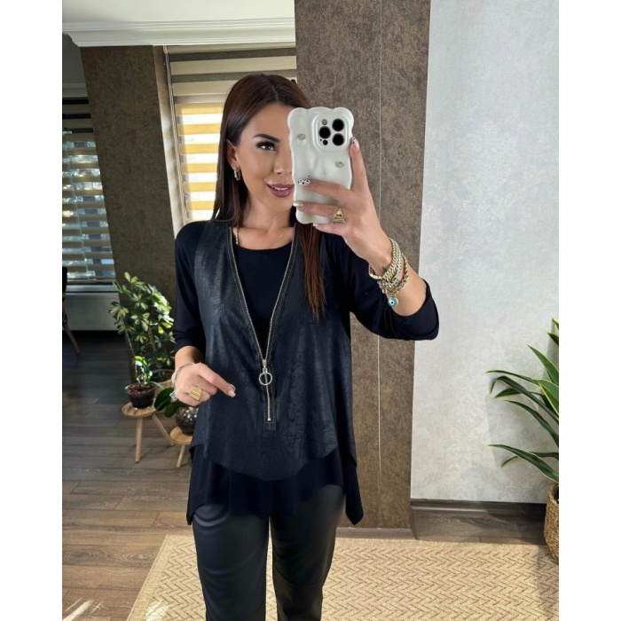 Lucky Uzun Kol Asimetrik Kesim Bluz Ve Asimetrik Kesim Fermuar Detay Deri Yelek Ikili Takım