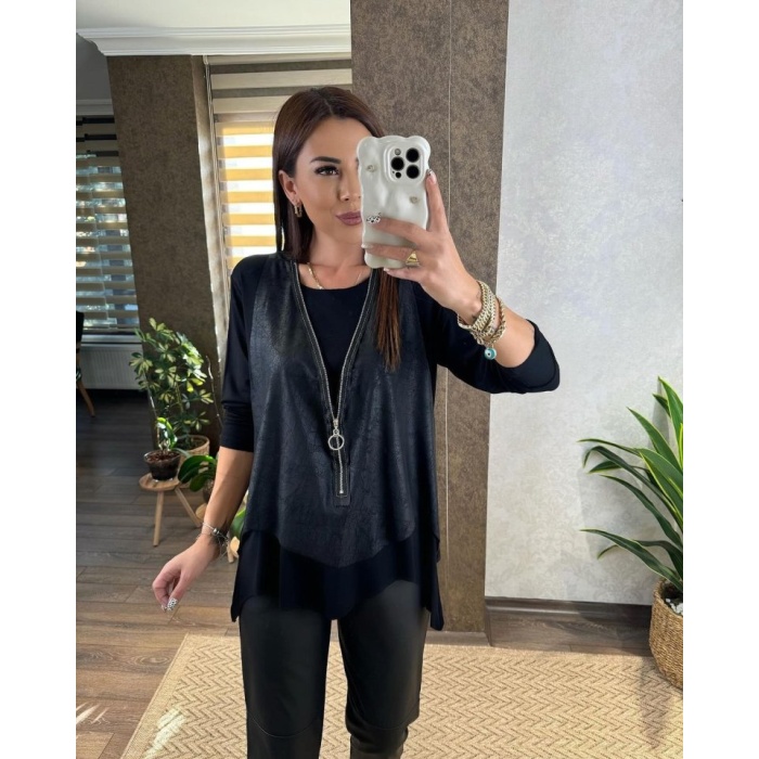 Lucky Uzun Kol Asimetrik Kesim Bluz Ve Asimetrik Kesim Fermuar Detay Deri Yelek Ikili Takım