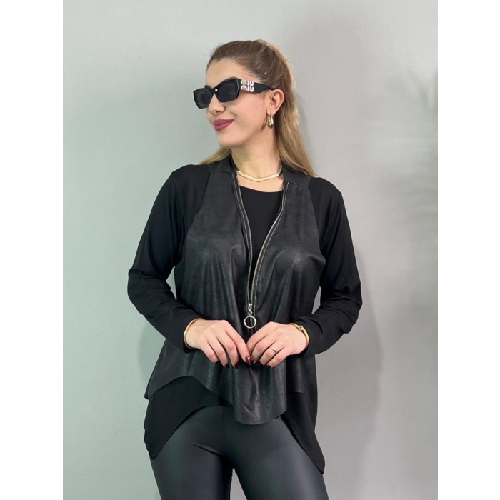 Lucky Uzun Kol Asimetrik Kesim Bluz Ve Asimetrik Kesim Fermuar Detay Deri Yelek Ikili Takım