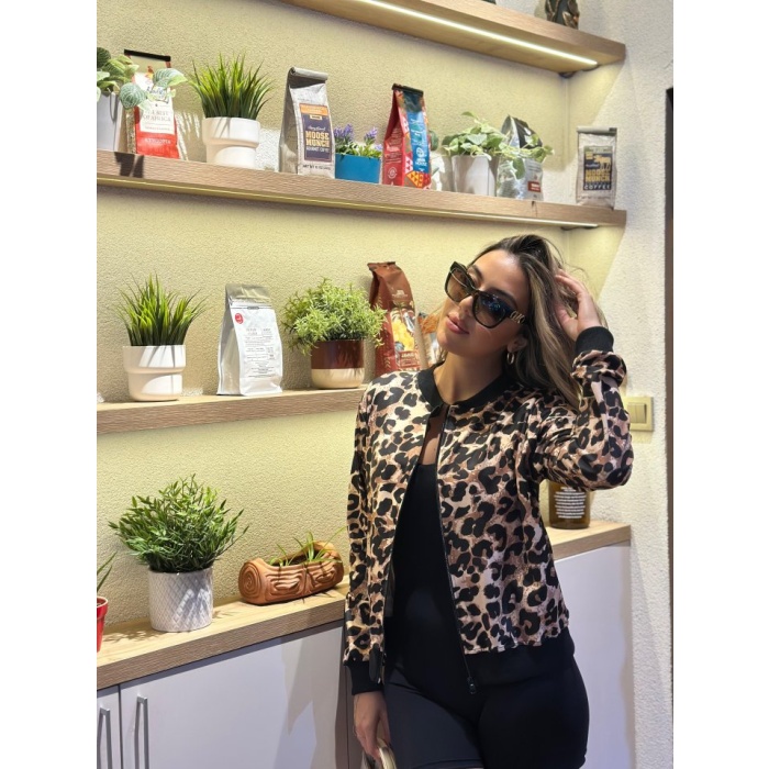 Lucky Life Kadın Uzun Kollu önden Fermuarlı Leopar Baskılı şardonlu Dalgıç Ceket