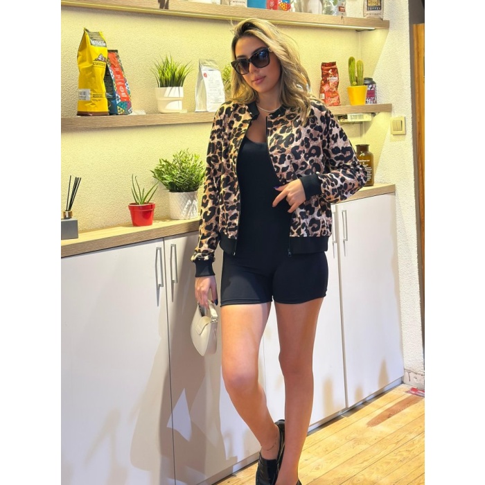 Lucky Life Kadın Uzun Kollu önden Fermuarlı Leopar Baskılı şardonlu Dalgıç Ceket