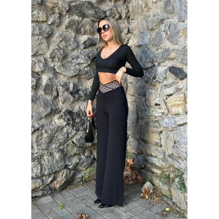 Lucky Life Kadın Belde Kruvaze Ve Ribana Detay Ispanyol Paça Ithal Krep Pantolon