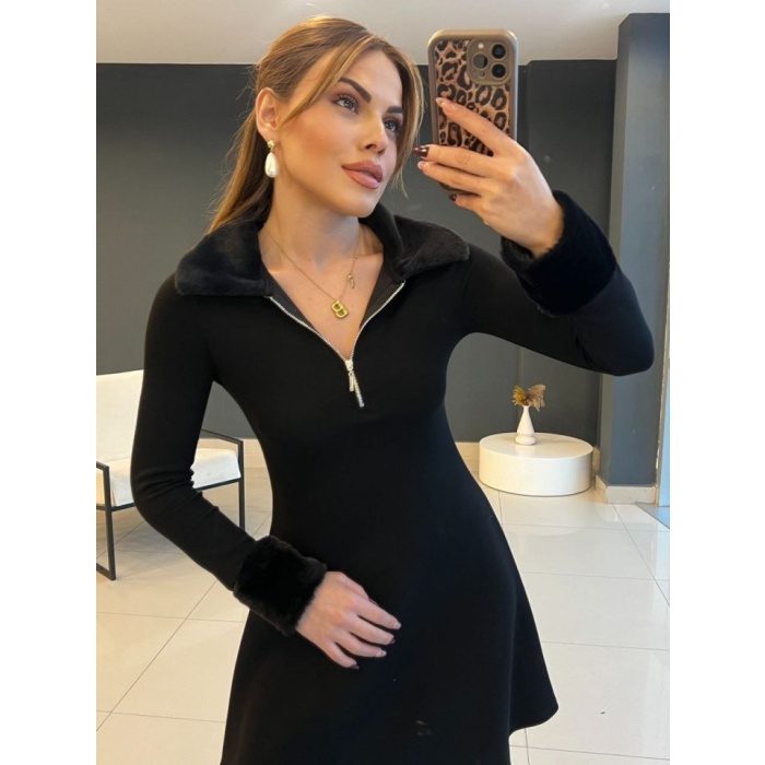 Lucky Life Kadın Uzun Kollu Yaka Ve Manşetleri Peluş Detay Fermuar Dekolteli Mini Elbise