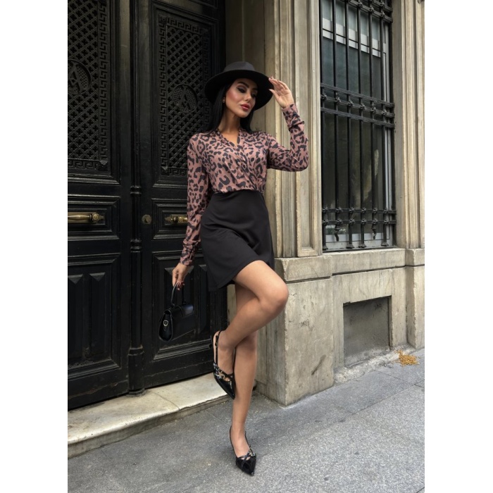 Lucky Life Kadın Uzun Kollu Kruvaze Yaka Krep Mini Boy Elbise