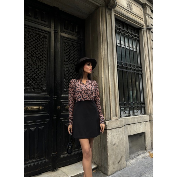 Lucky Life Kadın Uzun Kollu Kruvaze Yaka Krep Mini Boy Elbise
