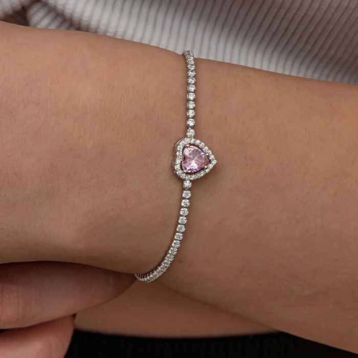 Lucky Life Gümüşh  Kadın Pembe Taşlı Kalpli Su Yolu Bileklik