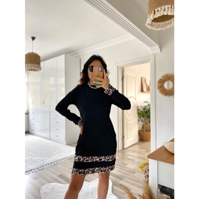 Lucky Life Kadın Uzun Kollu Bisiklet Yaka şerit Leopar Desenli Dalgıç Elbise
