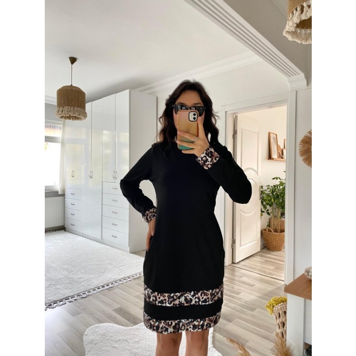 Lucky Life Kadın Uzun Kollu Bisiklet Yaka şerit Leopar Desenli Dalgıç Elbise