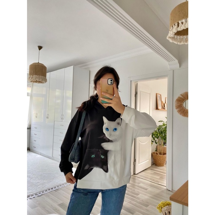 Lucky Life Kadın Uzun Kollu Kapşonlu Bağcıklı Kedi Desenli şardonlu Dalgıç Bluz