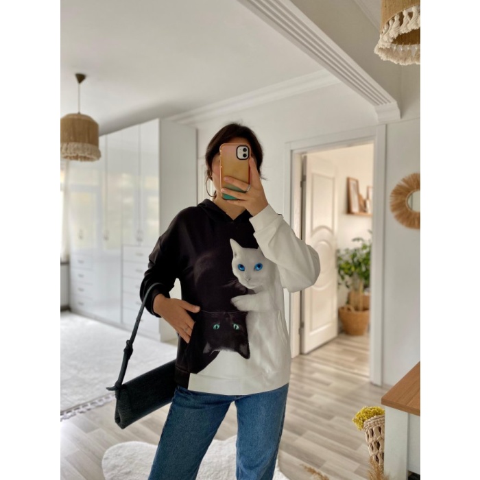 Lucky Life Kadın Uzun Kollu Kapşonlu Bağcıklı Kedi Desenli şardonlu Dalgıç Bluz