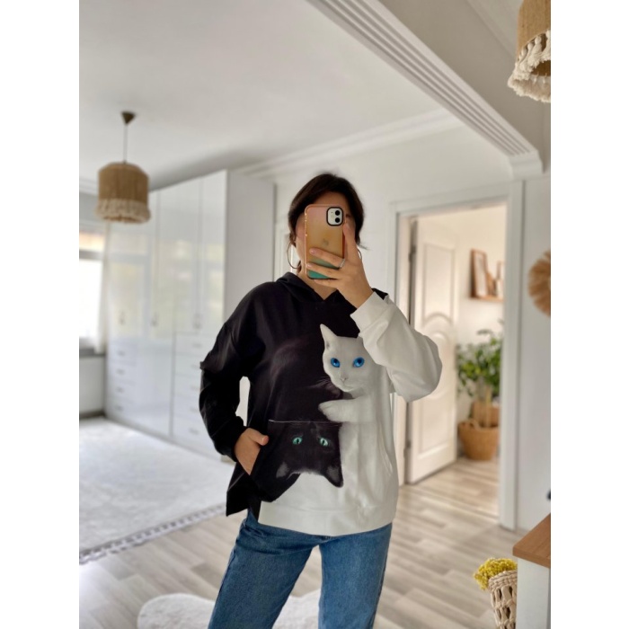 Lucky Life Kadın Uzun Kollu Kapşonlu Bağcıklı Kedi Desenli şardonlu Dalgıç Bluz