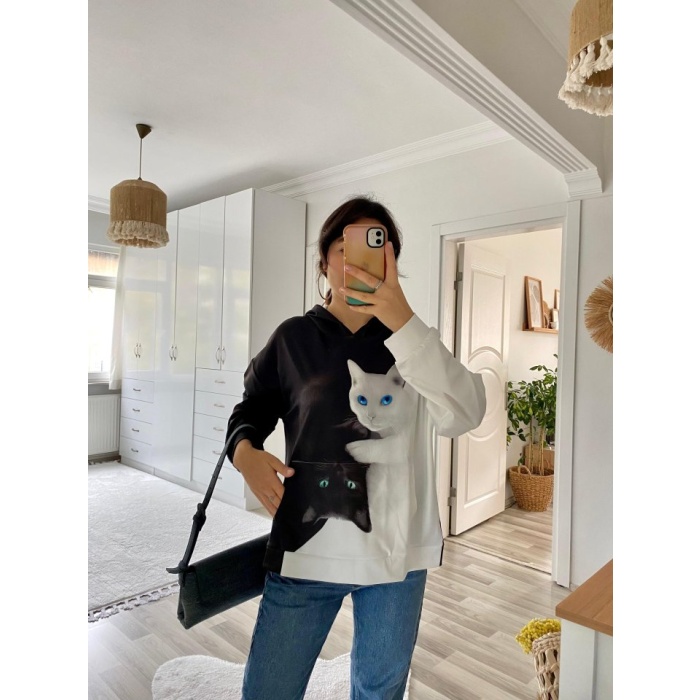 Lucky Life Kadın Uzun Kollu Kapşonlu Bağcıklı Kedi Desenli şardonlu Dalgıç Bluz