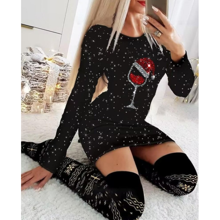 Lucky Life Kadın Uzun Kollu Taş Kadeh Baskı Mikro Mini Boy Elbise