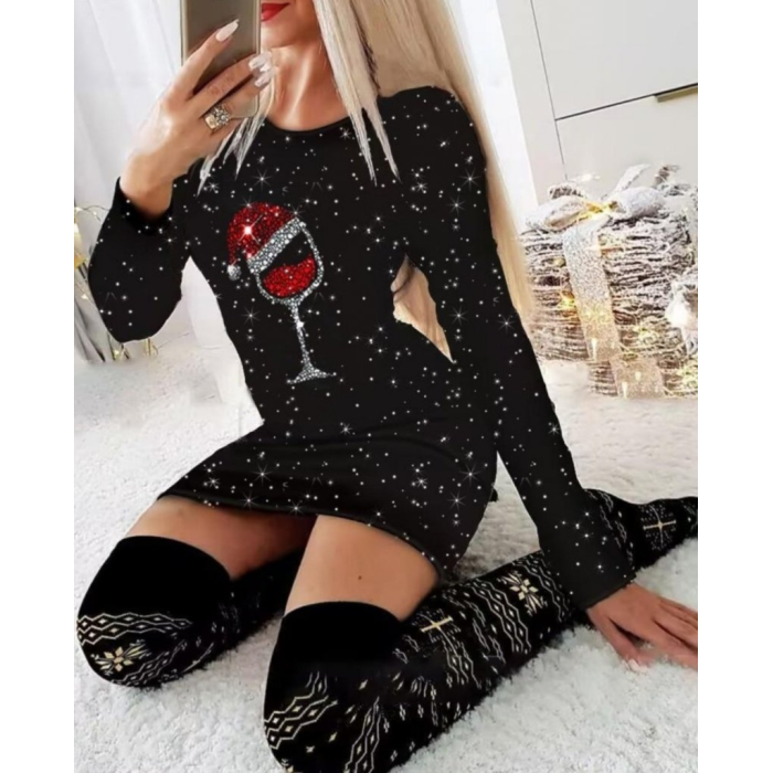 Lucky Life Kadın Uzun Kollu Taş Kadeh Baskı Mikro Mini Boy Elbise