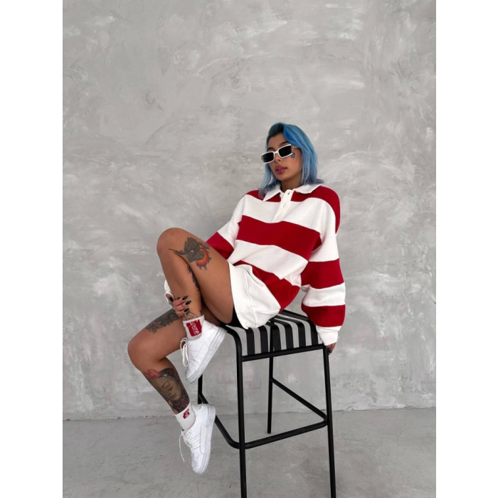Lucky Life Unisex Üç İplik Parçalı Yakalı SweatShirt - Kırmızı